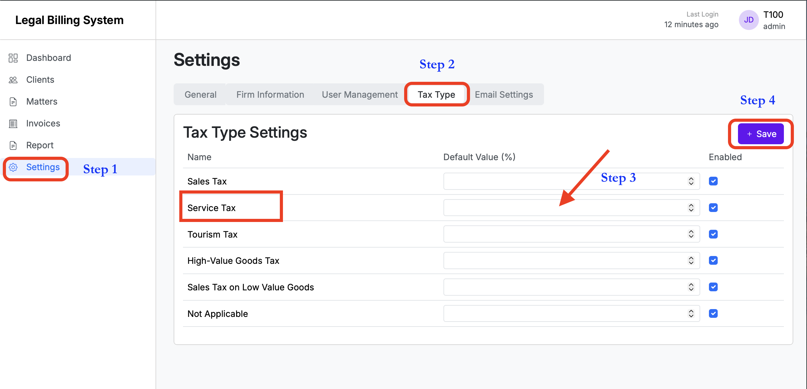 Tax type configuration — LexBill