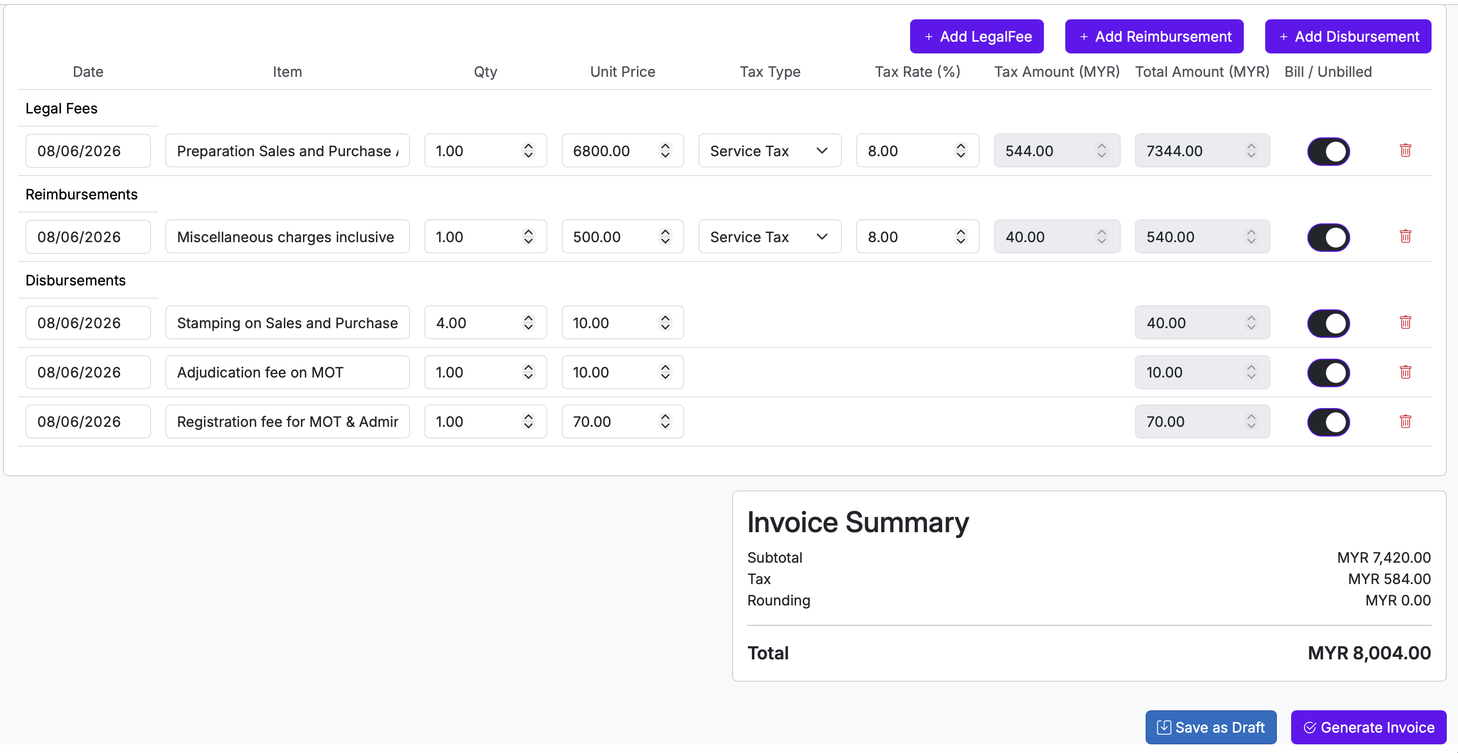 LexBill invoice composition — legal fees, reimbursements, disbursements with SST and invoice summary