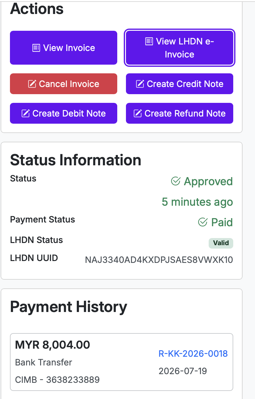 Invoice Status Information — Approved, Paid, LHDN Status Valid with UUID, and payment history