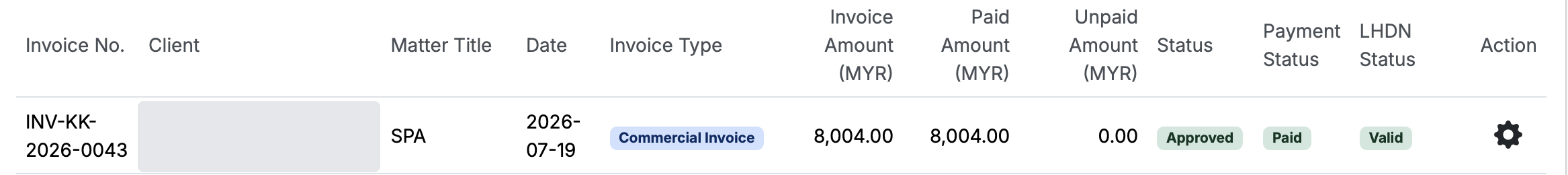 Invoice list showing Status, Payment Status and LHDN Status columns — Approved, Paid, Valid
