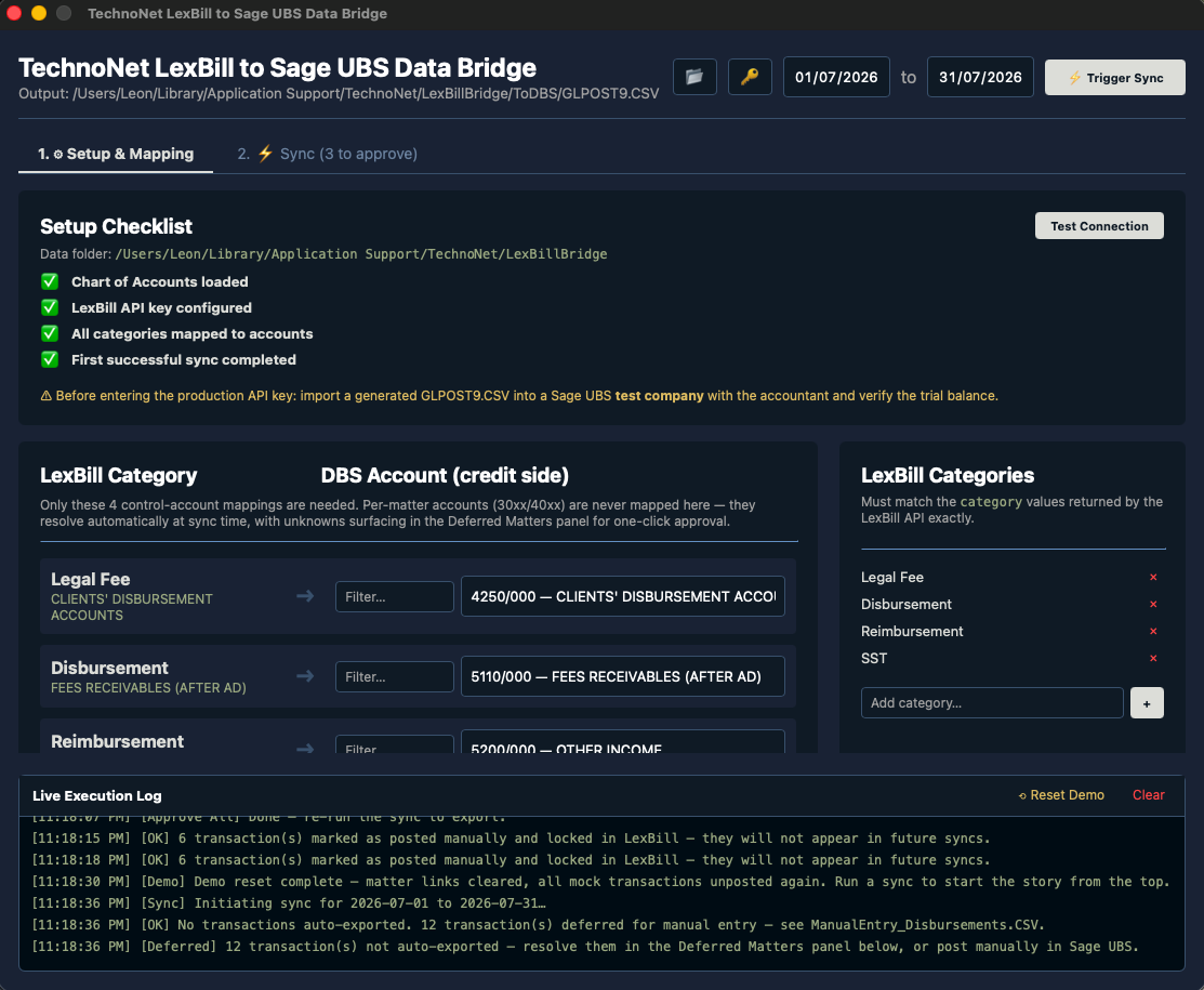 LexBill to Sage UBS Data Bridge — category to account mapping