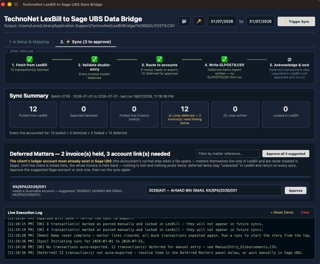 LexBill to Sage UBS Data Bridge — sync pipeline with double-entry validation and deferred-matter approval